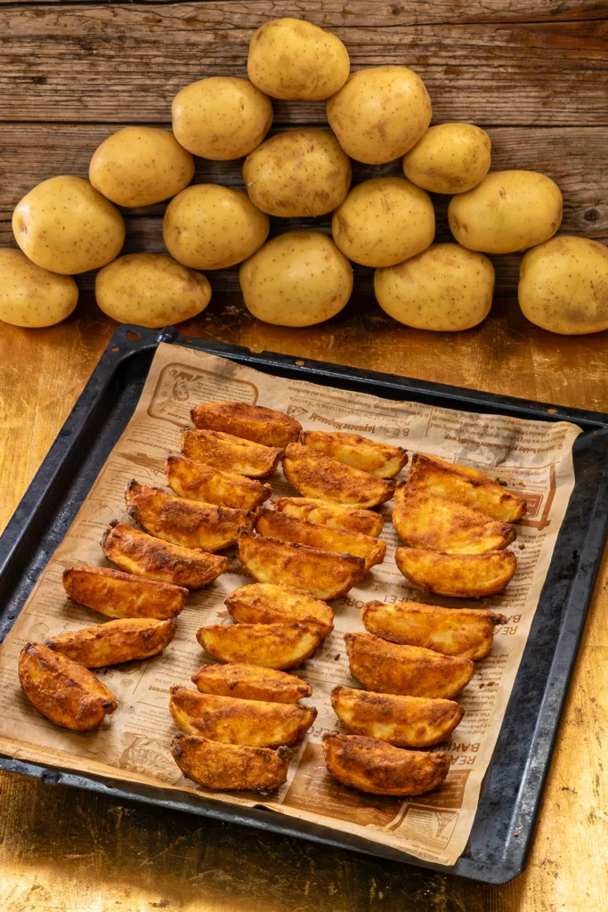 The oven potato wedges are ready baked on the baking tray.