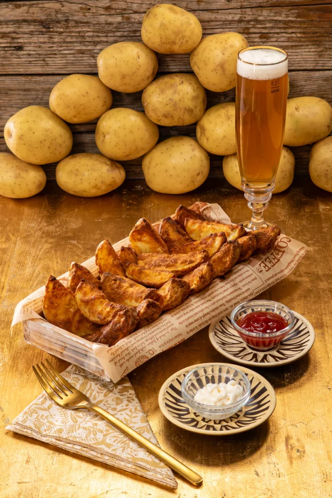 Crispy Oven-Baked Potato Wedges, are served with with ketchup, vegan mayo and a glass of beer.