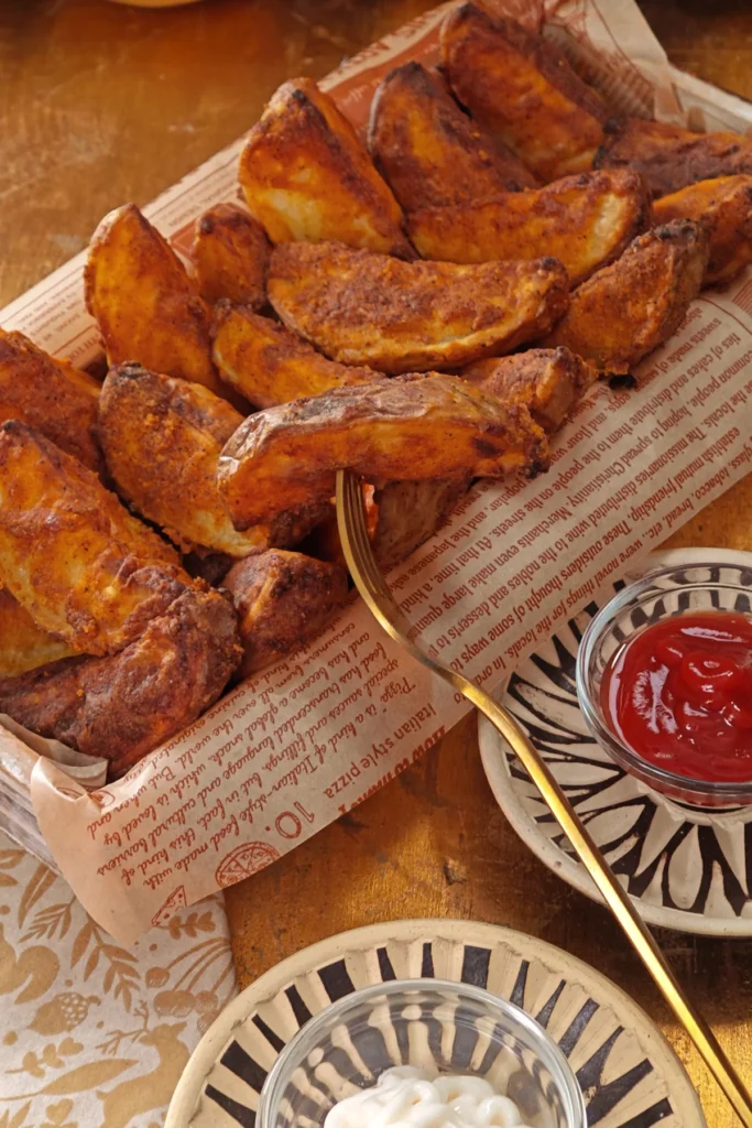 Oven-Baked Potato Wedges, are served with with ketchup and vegan mayo.